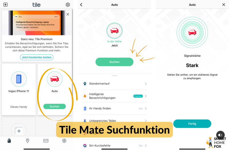 Screenshots der Tile App beim Suchen